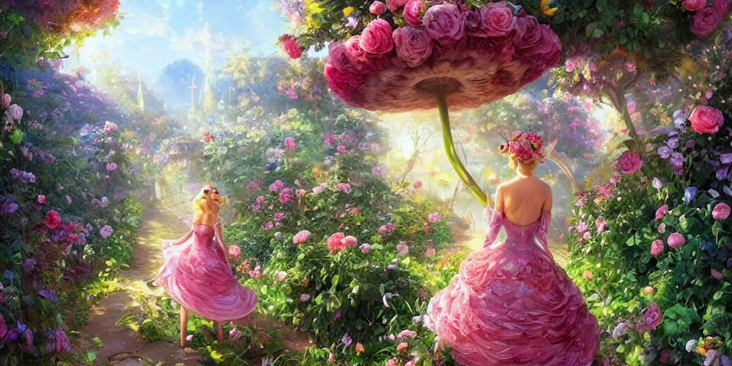 Prompt: Princess peach wandering through her hedge hedge garden of exotic flowers in the Mushroom Kingdom, giant mushrooms, and roses, from behind, streets, birds in the sky, sunlight and rays of light shining through trees, beautiful, solarpunk!!!, highly detailed, digital painting by Michael Garmash and Peter Mohrbacher