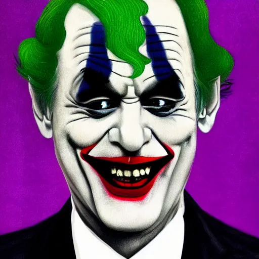 Image similar to Bill Murray as the Joker by Raphael, Hopper, and Rene Magritte. detailed, romantic, enchanting, trending on artstation.