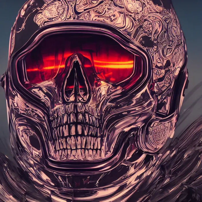 Image similar to portrait of a skull in a racing helmet. intricate abstract. intricate artwork. by Tooth Wu, wlop, beeple, dan mumford. octane render, trending on artstation, greg rutkowski very coherent symmetrical artwork. cinematic, hyper realism, high detail, octane render, 8k, iridescent accents