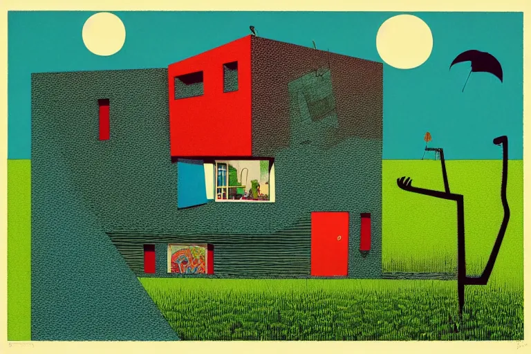 Prompt: surreal glimpse into other universe, house by le corbusier, summer morning, very coherent and colorful high contrast, art by!!!! gediminas pranckevicius!!!!, geof darrow, floralpunk screen printing woodblock, dark shadows, hard lighting, stipple brush technique,