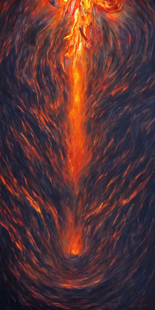 Image similar to an abstract oil painting of Balrog of Moria; swirling sheets of light and fire; hyper-detailed; an extraordinary masterpiece!!!; flawless; trending on artstation