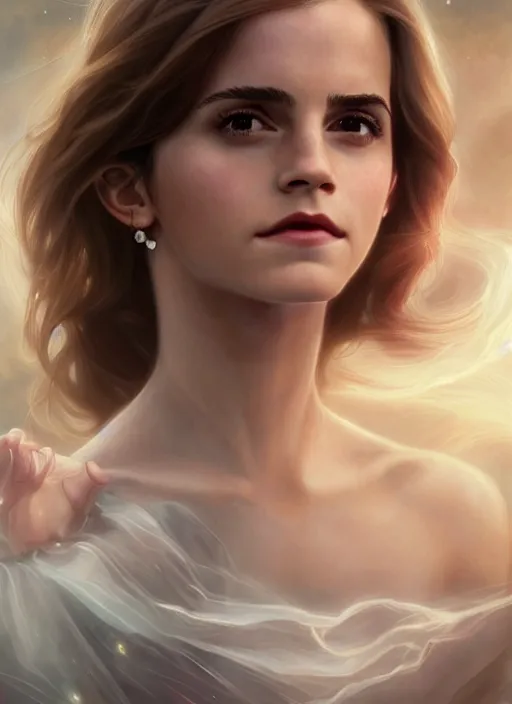 Prompt: emma watson as nature magic celestial, superman pose, long hair, soft pink and white transparent cloth, space, D&D, shiny background, intricate, elegant, highly detailed, digital painting, artstation, concept art, smooth, sharp focus, illustration, artgerm, bouguereau