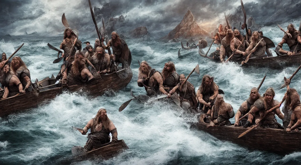 Image similar to a beautiful hyper realistic ultra detailed lifelike matte painting of vikings on a dragon boat, stormy weather, unreal engine, deviantart, flickr, artstation, octane render, textured, colorful, extreme realistic detail, physically based rendering, pbr render, very detailed, volumetric lighting, detailed lighting, octane render, 4 k, cinematic lighting, 8 k resolution