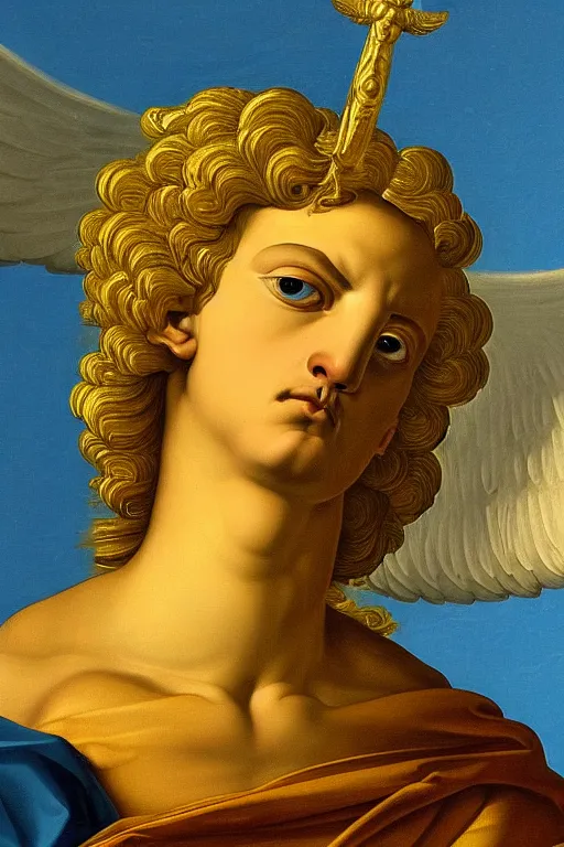 Prompt: archangel Michael, angry face, closeup, ultra detailed, made in gold, Guido Reni style