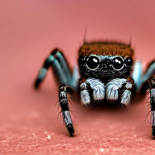 Image similar to a jumping spider using a microscopic keyboard, by pixar, macro lens, iridescent