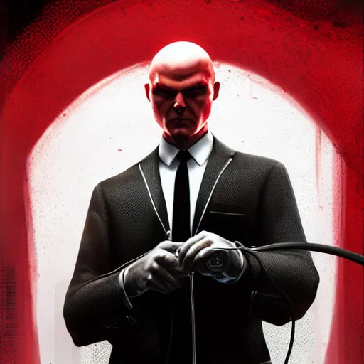 Image similar to agent 4 7 from hitman wearing headphones and listening to music in front of large stereo speakers surrounded by cables, black background, red rim light, highly detailed, smooth, sharp focus, art by cedric peyravernay