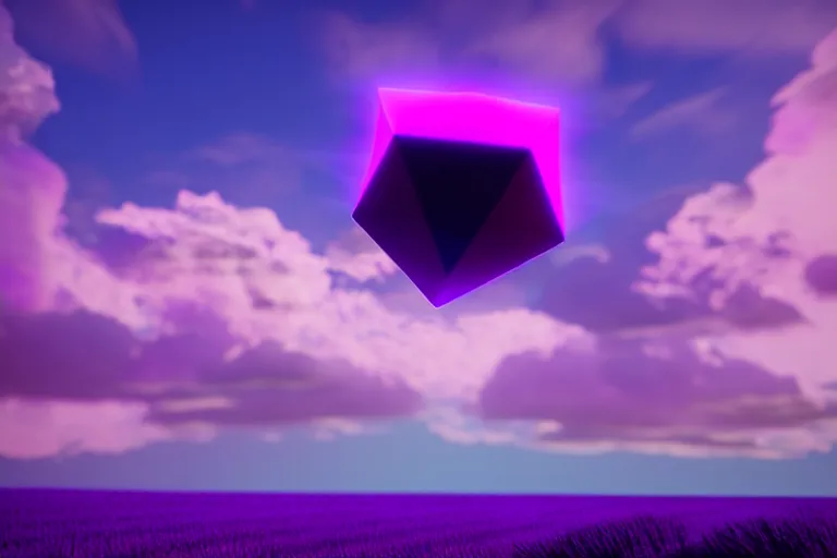 Image similar to huge purple diamond hovering in lavender clouds, turquoise horizon, smooth gradients, octane render, 8 k, volumetric lightning