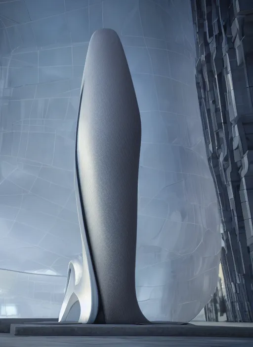 Image similar to highly detailed realistic architecture 3 d render of a futuristic stele monument in zaha hadid style standing in city park, archdaily, made in unreal engine 4 octane render