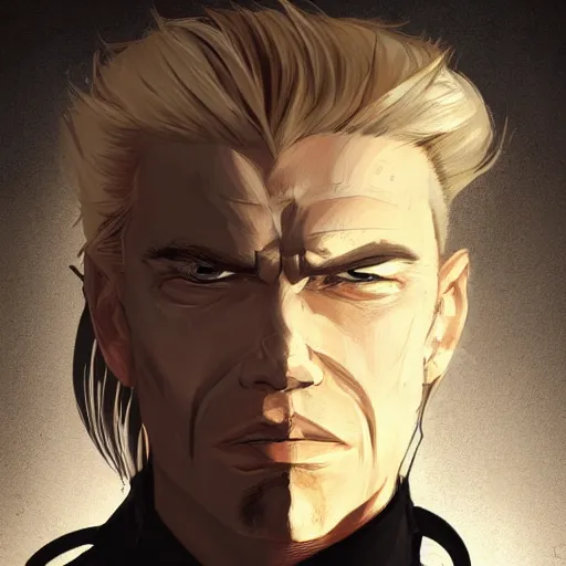 Prompt: portrait of a muscular, grim, ponytail haired blonde man in his late 30's, wearing a thick brown leather coat, looking to his side, hunter, DnD character, fantasy character, dramatic lighting, high detail, black and white digital art by Ruan Jia, Ilya Kuvshinov