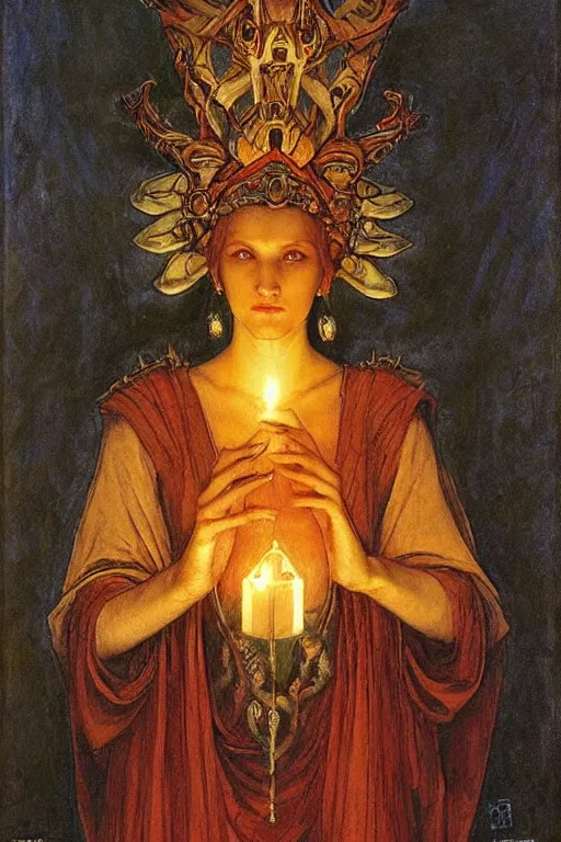 Prompt: queen of the underworld with her lantern by Annie Swynnerton and Nicholas Roerich and jean delville, strong dramatic cinematic lighting , ornate headdress , flowing robes, lost civilizations, smooth, sharp focus, extremely detailed