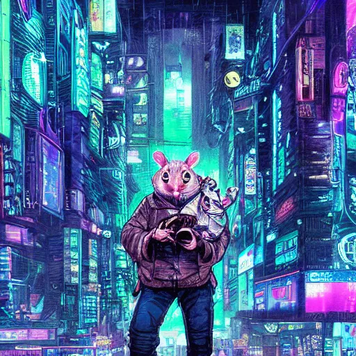 Prompt: high detailed anthropomorphic hamster in a cyberpunk rainy city at night by josan gonzalez, purple and blue neons, unreal engine, high quality, 4 k, uhd, trending on artstation, wires, blade runner vibes, ghost in the shell, akira, dorohedoro