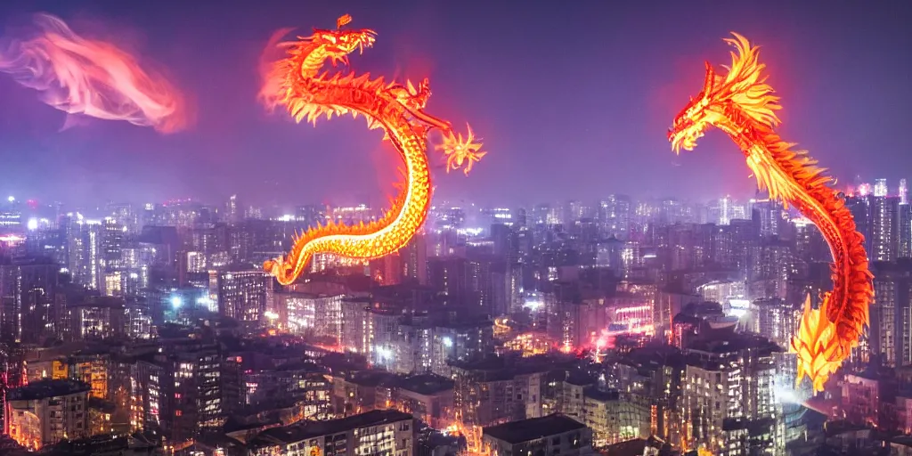 Image similar to a Chinese Fire Dragon surrounded by smoke and fire high above a city at night