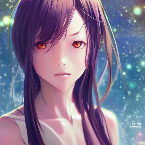 Prompt: A realistic anime painting of a beautiful android woman with glowing yellow gold eyes. digital painting by Sakimichan, Makoto Shinkai, Rossdraws, Pixivs, Junji Ito, WLOP, digital painting. trending on Pixiv. SFW version —H 1024