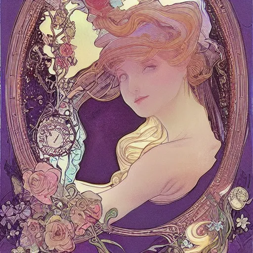 Image similar to Alice in Wonderland,Diamonds Blaze,Rose twining,out of time and space,dreamy, eternity, romantic,highly detailed,in the style of Alphonse Maria Mucha, highly detailed,night lighting