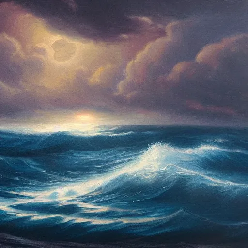 Prompt: a wooden ship in a storm in the ocean, full moon, blue light, oil painting