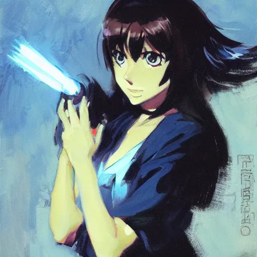 Image similar to greg manchess painting of an anime woman, direct flash photography at night, makoto shinkai