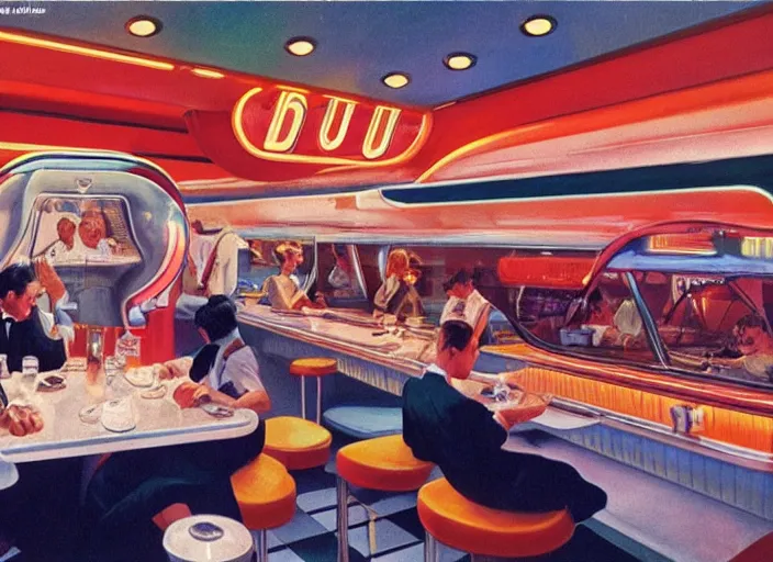 Image similar to diner, 1950s,jukebox,8K, by syd mead