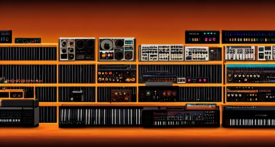 Image similar to a shelf of amazing synthesizers, cinematic lighting, detailed, beautiful colors, by greg rutowski and studio ghibli