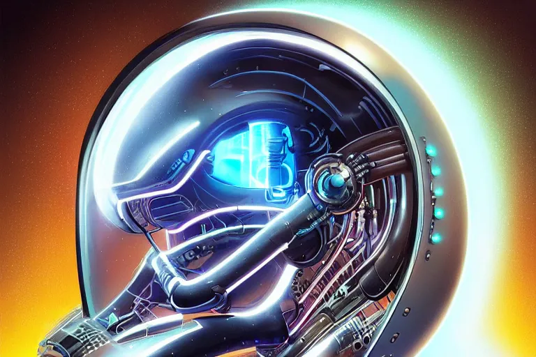 Image similar to portrait of a biomechanical head inside a futuristic space helmet, organic transistors, neon cables, tron highlights, white metal, iridescent visor, smooth, sharp focus, high detail, art by Artgerm and Raymond Liam Wong,