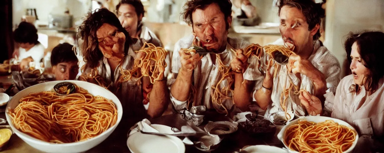 Prompt: celebrities eating spaghetti out of a giant bowl, high detailed face, facial expression, small details, intricate, canon 5 0 mm, cinematic lighting, photography, film, kodachrome