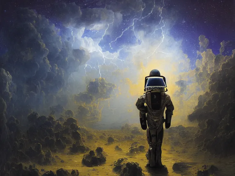 Image similar to a detailed profile oil painting of a lone shock trooper in a spacesuit with reflective helmet, technology flight suit, bounty hunter portrait symmetrical and science fiction theme with lightning, aurora lighting clouds and stars by beksinski carl spitzweg and tuomas korpi. baroque elements, full-length view. baroque element. intricate artwork by caravaggio. Trending on artstation. 8k