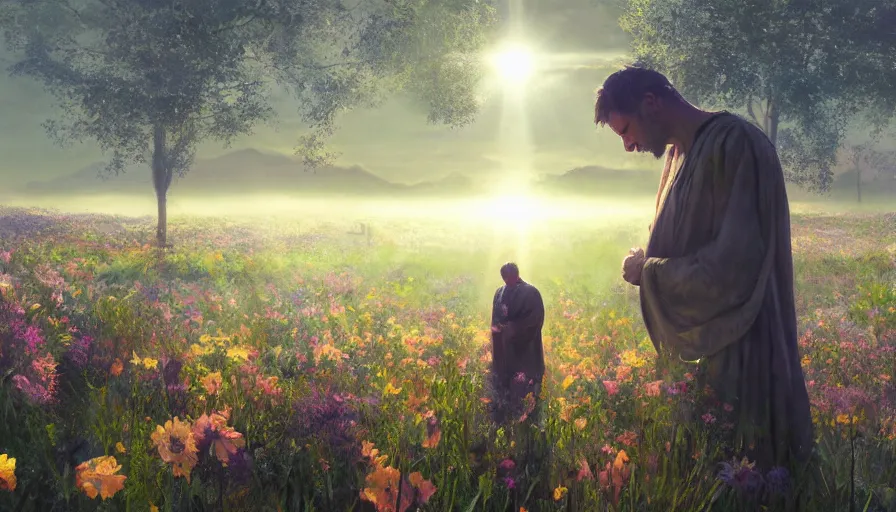 Image similar to craig mullins digital illustration of a man in robes kneels and prays in a field of flowers, the sun's holy light shines down upon him, colorful, solarpunk, unreal engine, hyper realism, realistic shading, cinematic composition, realistic render, octane render, detailed textures, photorealistic, wide shot