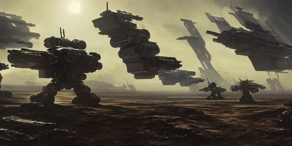 Prompt: hyper realistic sci - fi matte concept art painting of epic cinematic battle between a variety of mechwarriors and soldiers fighting on mercury with solar panels in background, guns, brightly lit!, beautiful details, strong composition painted by kim jung guweta studio rutkowski, james gurney and greg rutkowski, and lucasfilm, smooth, intricate, detailed, sharp focus, cinematic
