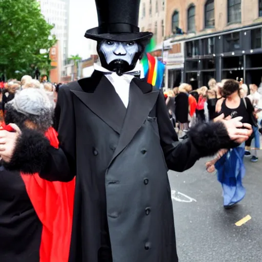 Image similar to The Babadook in black coat and top hat at a pride parade, photograph