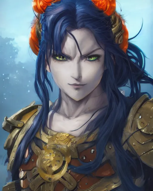 Image similar to An anime portrait of a beautiful D&D half-orc female with long wavy dark blue hair, bright orange eyes, intricate full body armour, fantasy soldier, by Stanley Artgerm Lau, WLOP, Rossdraws, James Jean, Andrei Riabovitchev, Marc Simonetti, and Sakimichan, highly detailed, ultra detailed, golden hour, trending on artstation, cgstudio