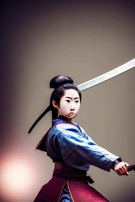 Image similar to highly detailed beautiful photo of a young female samurai, practising sword stances in a temple, symmetrical face, beautiful eyes, realistic anime art style, 8 k, award winning photo, pastels, action photography, 1 / 1 2 5 shutter speed, dramatic lighting