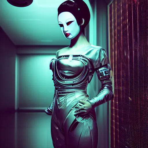 Image similar to a hyper realistic futuristic, minimal, stunningly cyborg tradition geisha photograph, covering face with a intricate sci - fi fan, in a dark futuristic room, metal gear solid, dark moody backlighting, ray tracing, octane render,