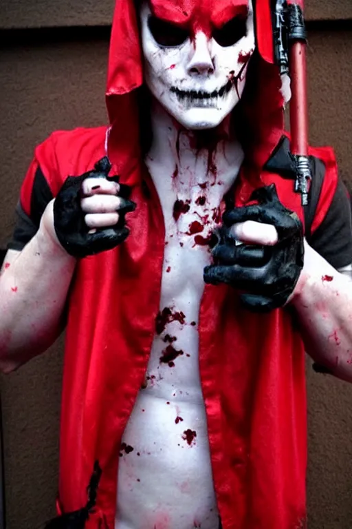 Image similar to red hood cosplay, creepy, disturbing, bloody, darkness