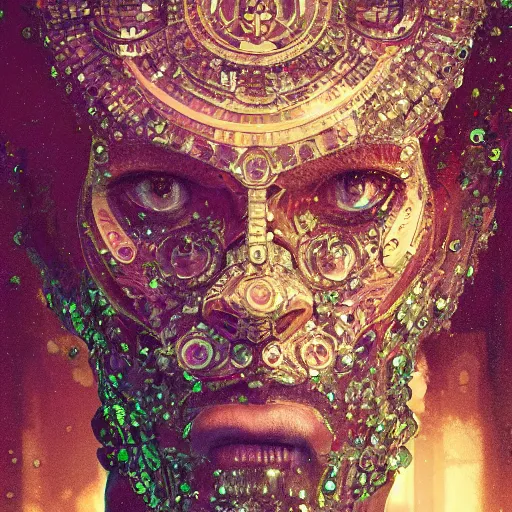 Image similar to portrait of a crystal face made of crystals 3 / 4 bottom view ominous, intricate, studio, art by anthony macbain + greg rutkowski + alphonse mucha, concept art, 4 k, sharp focus