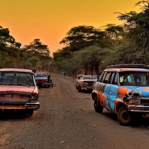 Prompt: bollywood cars, on a dusty road, under a setting sun, with a dense jungle