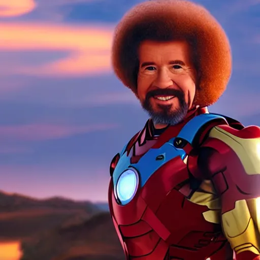 Image similar to a still of Bob Ross as Ironman. Magic Hour. Professional photography, 4K. Mood