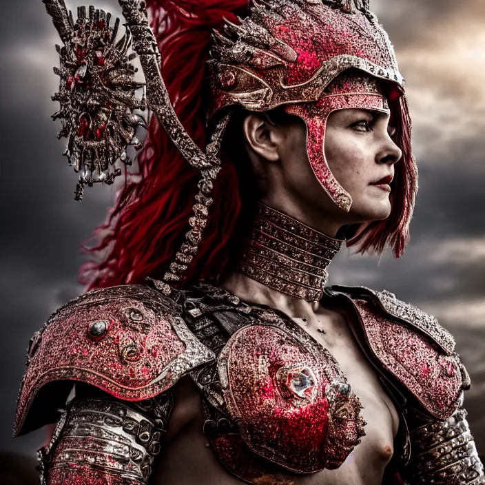 Image similar to full length photo of a beautiful strong warrior queen wearing ruby encrusted armour, highly detailed, 4 k, hdr, smooth, sharp focus, high resolution, award - winning photo