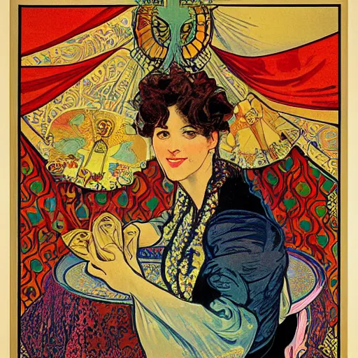 Prompt: a vintage poster with border of a Caucasian fortune teller lady with curly hair, a spread of tarot cards on a table, cats on her side, in a colorful tent, Alphonse Mucha poster ,