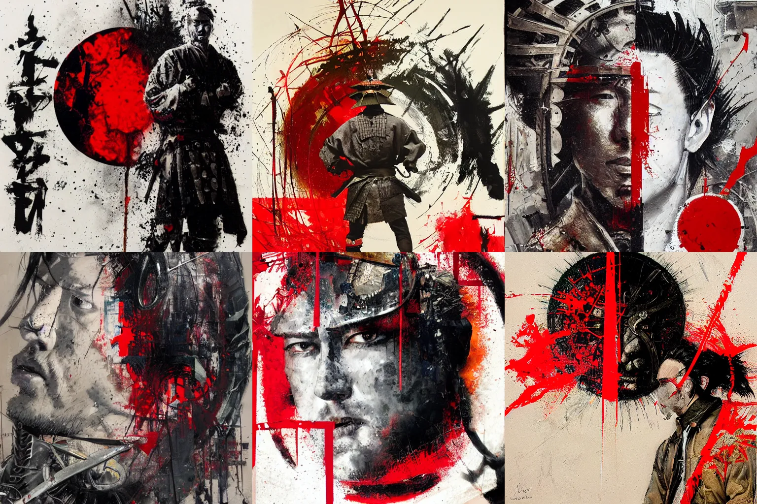 Prompt: artwork by Dean Cornwell and Russ Mills showing a samurai in front of a red circle