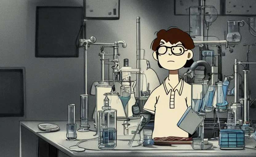 Prompt: a film still portrait of a young nerdy longhaired scientist in his lab, finely detailed features, closeup at the faces, perfect art, grimdark, trending on pixiv fanbox, painted by studio ghibli, charlie brown no glasses