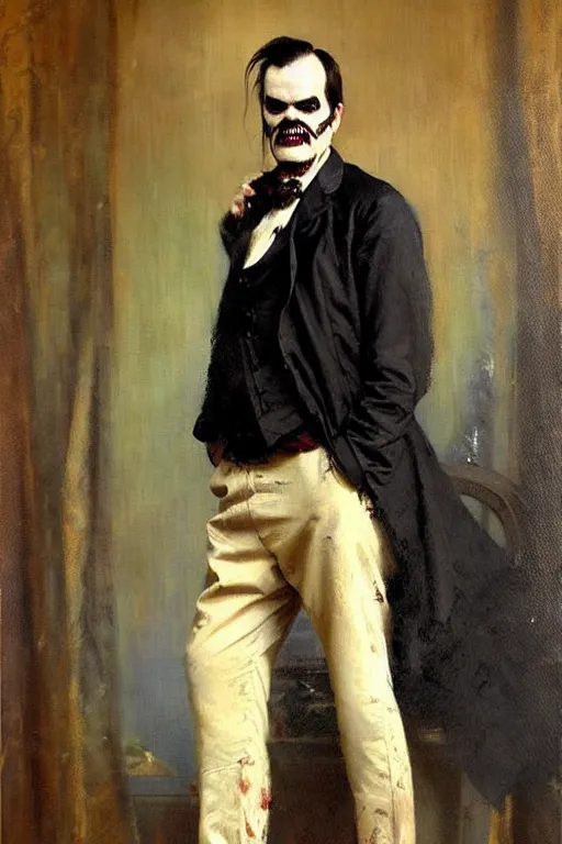 Image similar to impressionist brushstrokes!!!! beeple and richard schmid and jeremy lipking victorian loose genre loose painting full length portrait painting of a victorian male vampire ( ( jack nicholson ) )