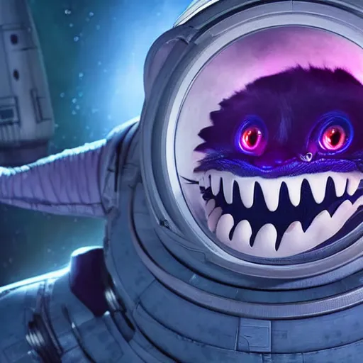 Image similar to Anthropomorphic alien Cheshire cat in the cabin of the spacecraft navigating through the epic space battle. Star Trek movie style, ultra realistic, 8k, highly detailed, digital art