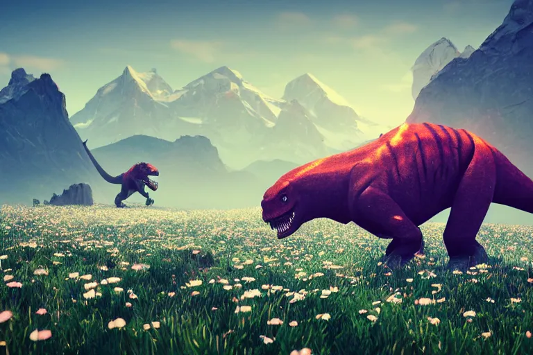 Prompt: lowpoly ps 1 playstation 1 9 9 9 glowing tyrannosaurus standing in a field of daisies, swiss alps in the distance digital illustration by ruan jia on artstation