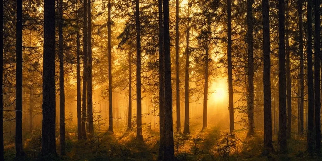 Image similar to swedish forest, photoreal, dawn, hazy, fog, golden hour, sunlight, beautiful!!!!!!!!!, cinematic, atmospheric