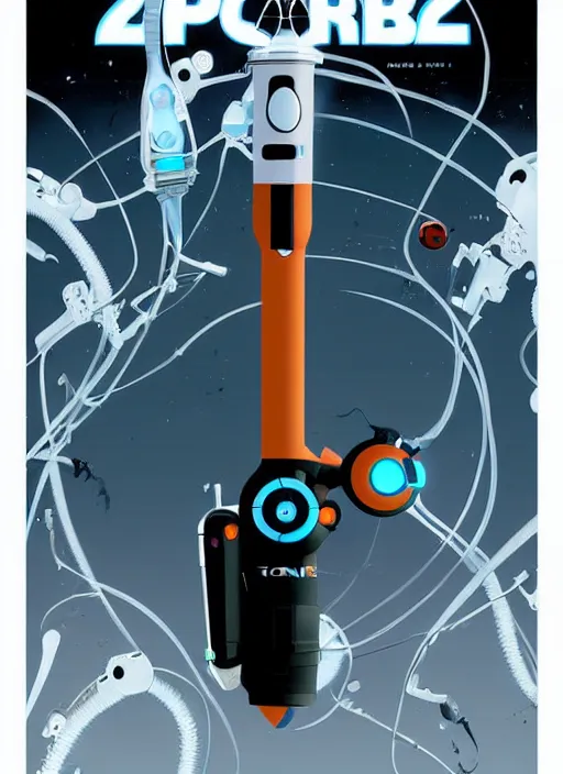 Image similar to poster artwork by Michael Whelan and Tomer Hanuka, of a product poster of the Portal Gun, from the game Portal 2, from Valve, Aperture Science, clean