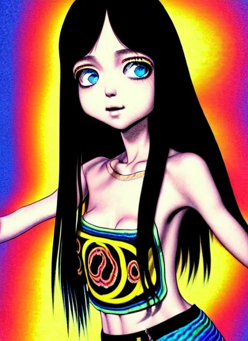 Image similar to richly detailed colored pencil 3D illustration of a beautiful woman with silky straight black hair with iridescence wearing a Nirvana band Tshirt and short black shorts, she staring at the camera happily while being wrapped by slimy wet tentacles, art by Range Murata and Artgerm.