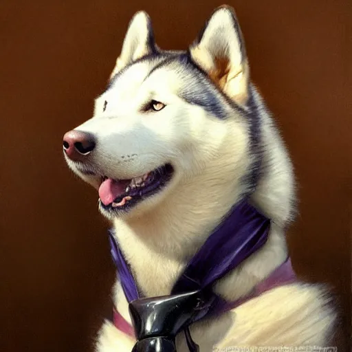 Image similar to a portrait of a husky dog wearing a suit and smiling at the viewer. highly detailed painting by gaston bussiere, craig mullins, j. c. leyendecker 8 k