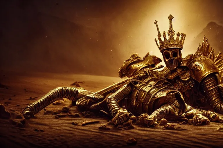 Image similar to the king in the desert dead on the ground, gold armour destroyed, killed, blood on gold sand, dark tragic scene, detailed scene, killed in war, fallen Crown, highly detailed, blood and dust, cinematic lighting, dramatic lighting, trending on artstation, elegant, intricate, tragedy, fantasy, D&D, highly detailed, digital painting, concept art