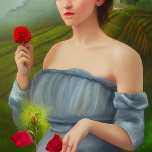 Prompt: fantasy portait of Anna Mill, painting by Anna Mill. Holding a rose, dreamy, elegant, 8k, with a dreamy irridescent background, hint of fae