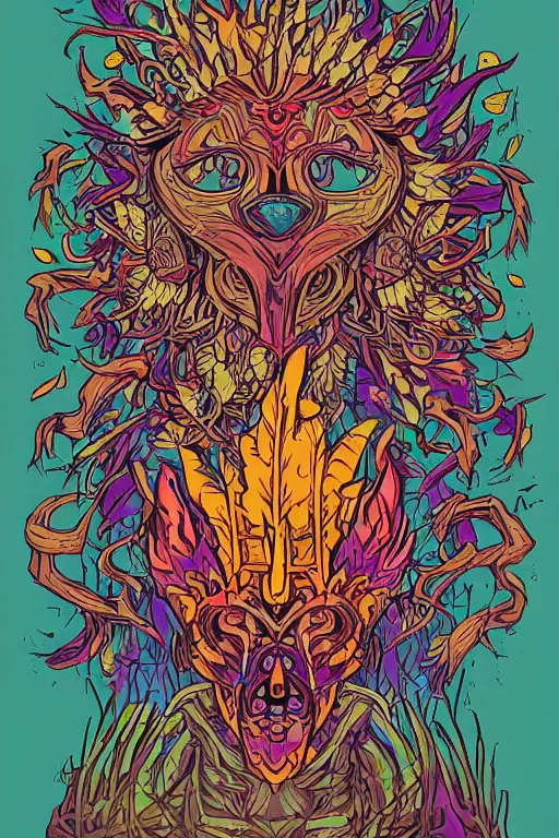 Image similar to animal mask totem roots flower tribal feather gemstone plant wood rock shaman vodoo video game vector cutout illustration vivid multicolor borderlands comics by josan gonzales and dan mumford radiating a glowing aura