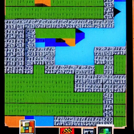 Prompt: Screenshot of Minecraft as a game for ZX Spectrum, photo from 1984 gaming magazine